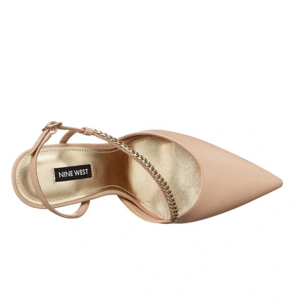 Nine West Nude Slingback Pointed Toe Heels with Chain Detail Size 8.5